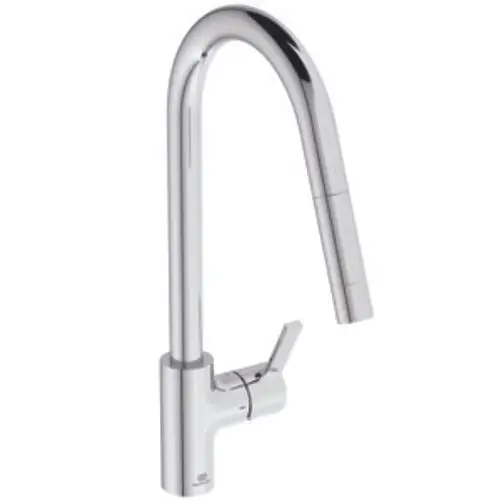 Küchenarmatur in Chromoptik von Ideal Standard, mit hohem, gebogenem Auslauf und einem Bedienhebel an der Vorderseite für die Wasserregelung.